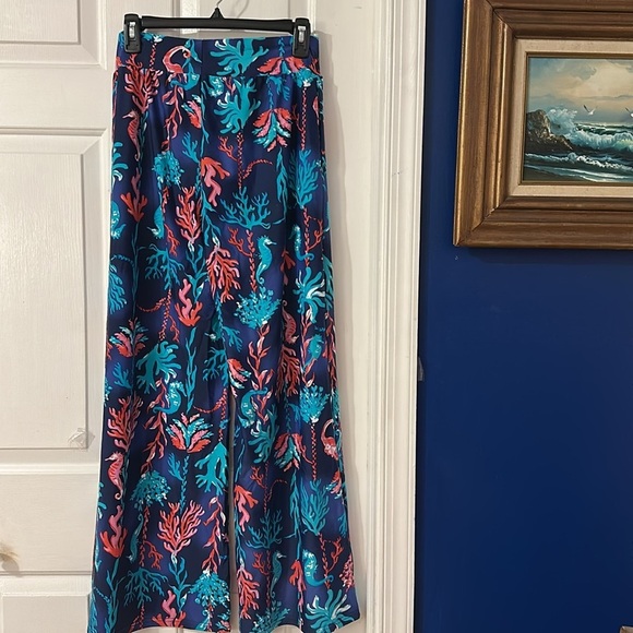 NWT Aryeh Vibrant Navy & Pink Ocean Wide Leg Pull On Palazzo Pants - Picture 5 of 7